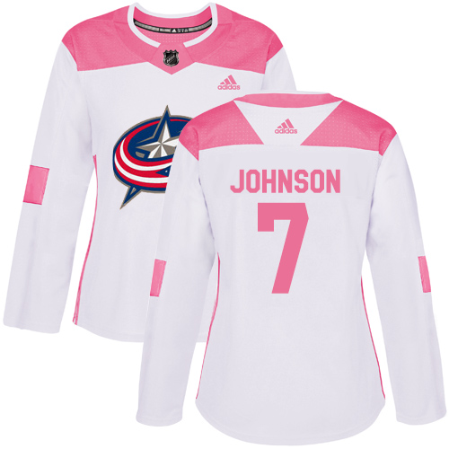 Adidas Blue Jackets #7 Jack Johnson White/Pink Authentic Fashion Women's Stitched NHL Jersey